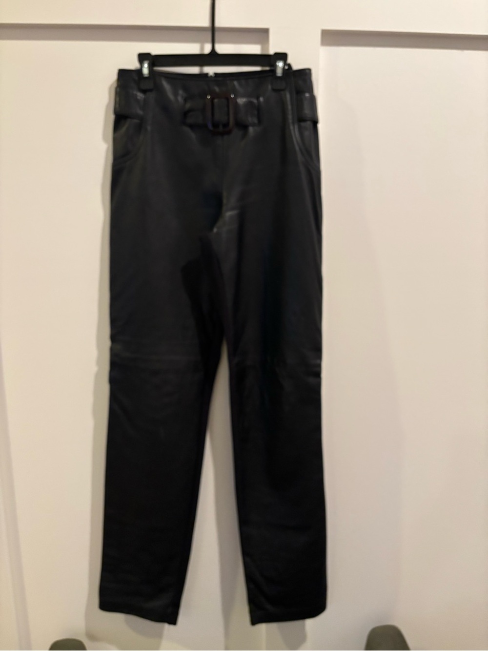 Cache Black Genuine Leather Slim Straight Pants with Belt